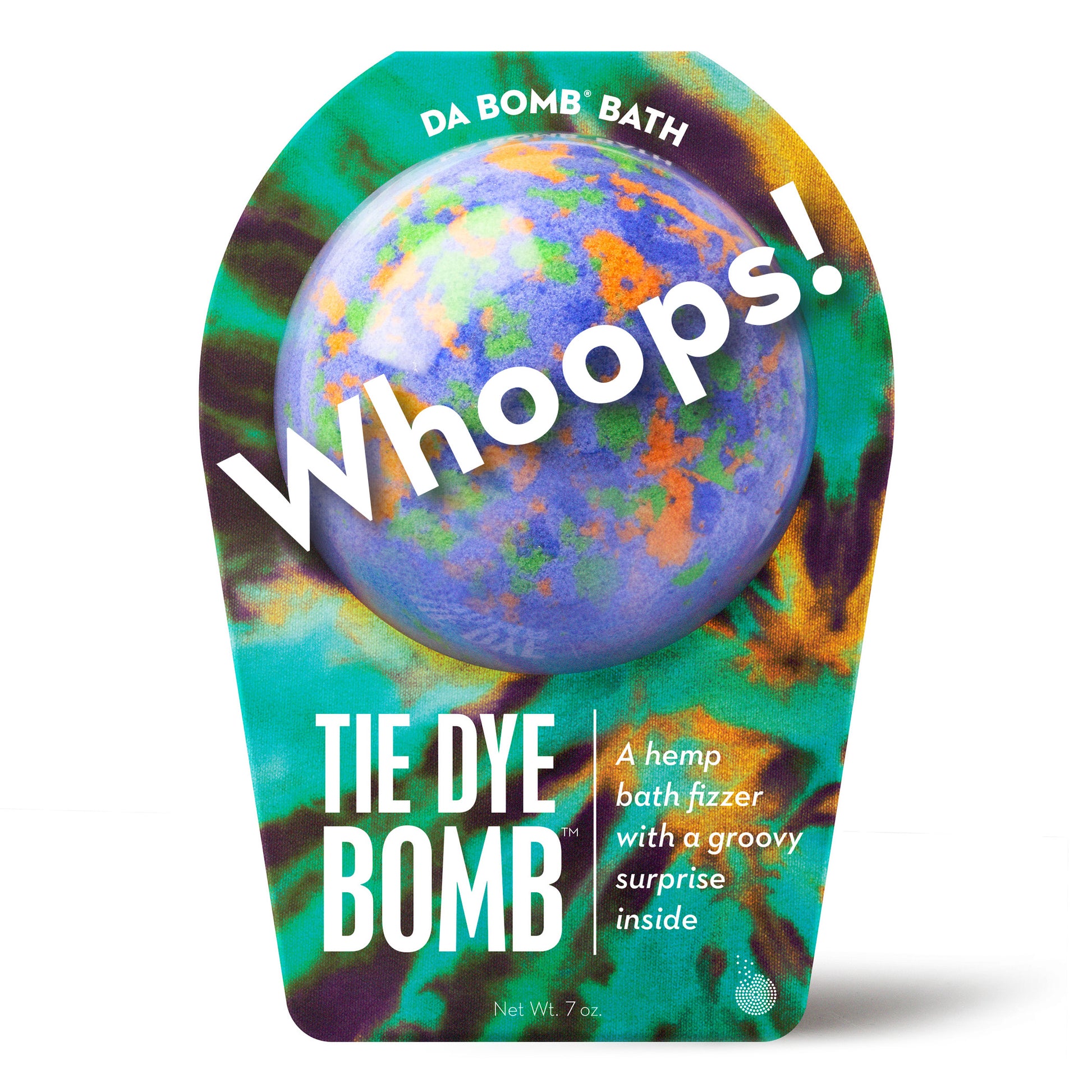 purple, orange and green tie dye bath bomb by da bomb bath fizzers