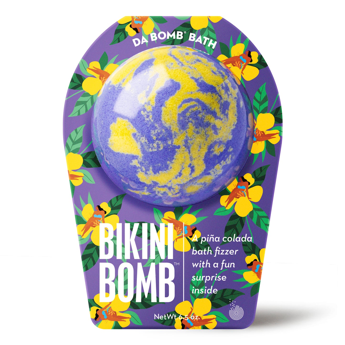 a purple and yellow bath bomb in luaus themed packaging