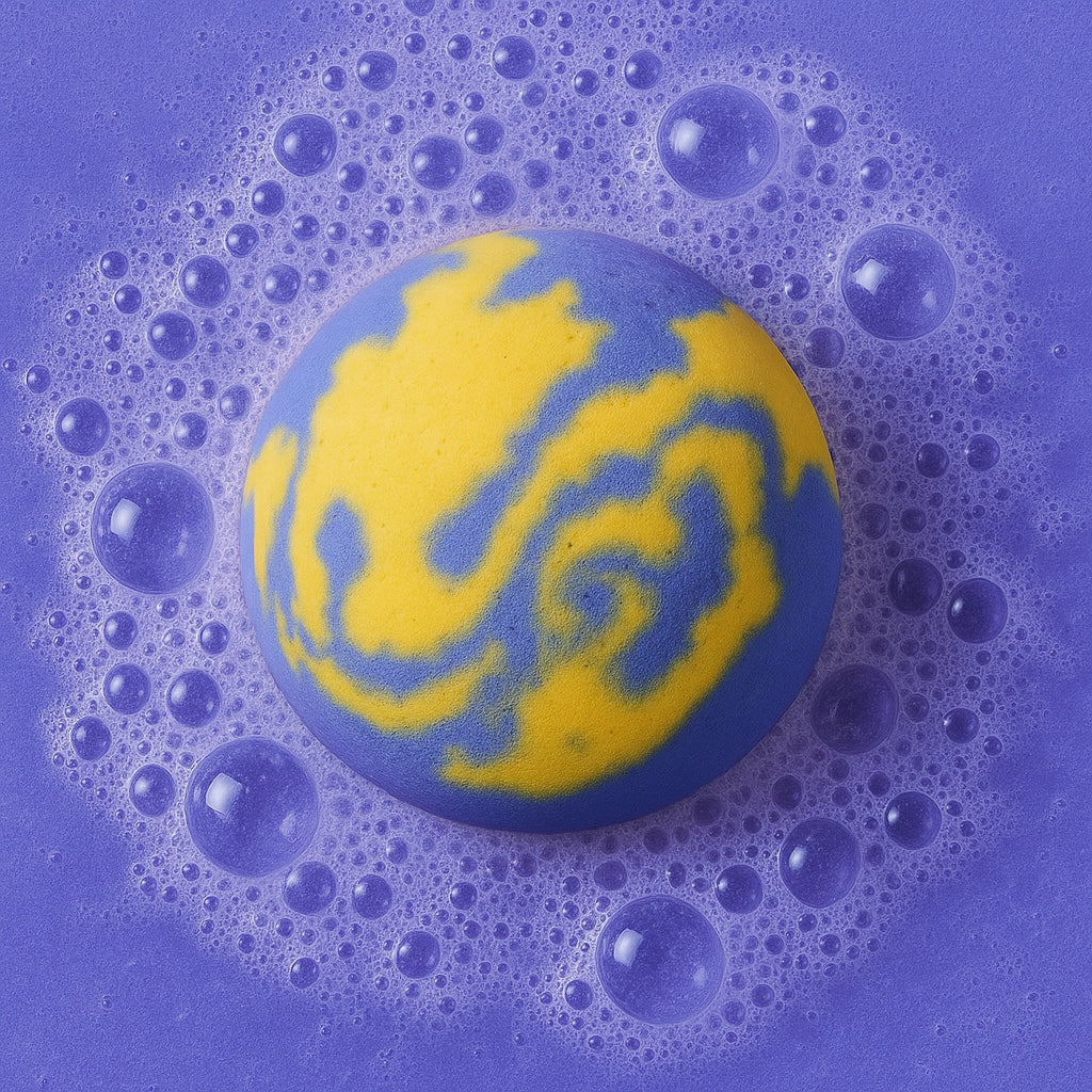 Bikini Bomb by Da Bomb fizzing in bright purple water. Swirled with yellow and blue colors.