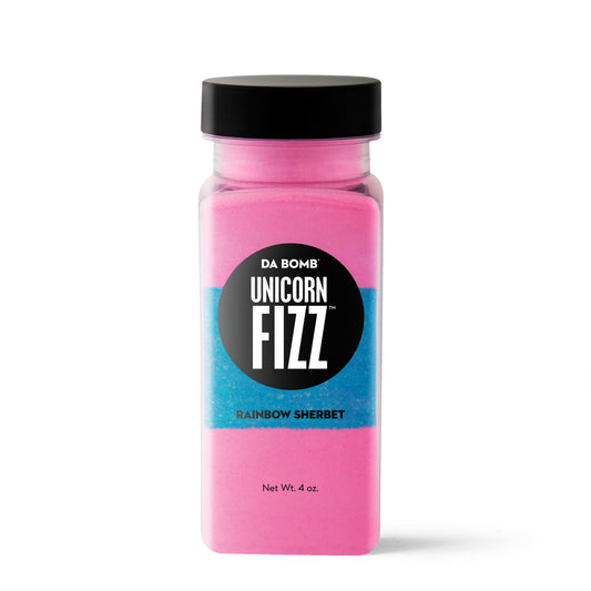 Pink, blue and pink powder in rectangular bottle with black "Unicorn Fizz" label