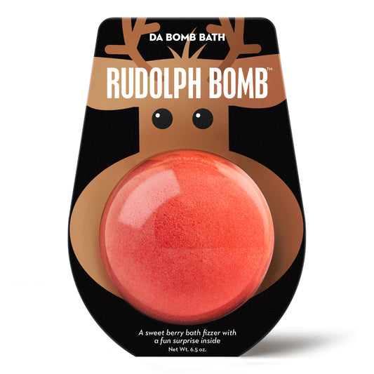 a red bath bomb in a cartoon Rudolph packaging 