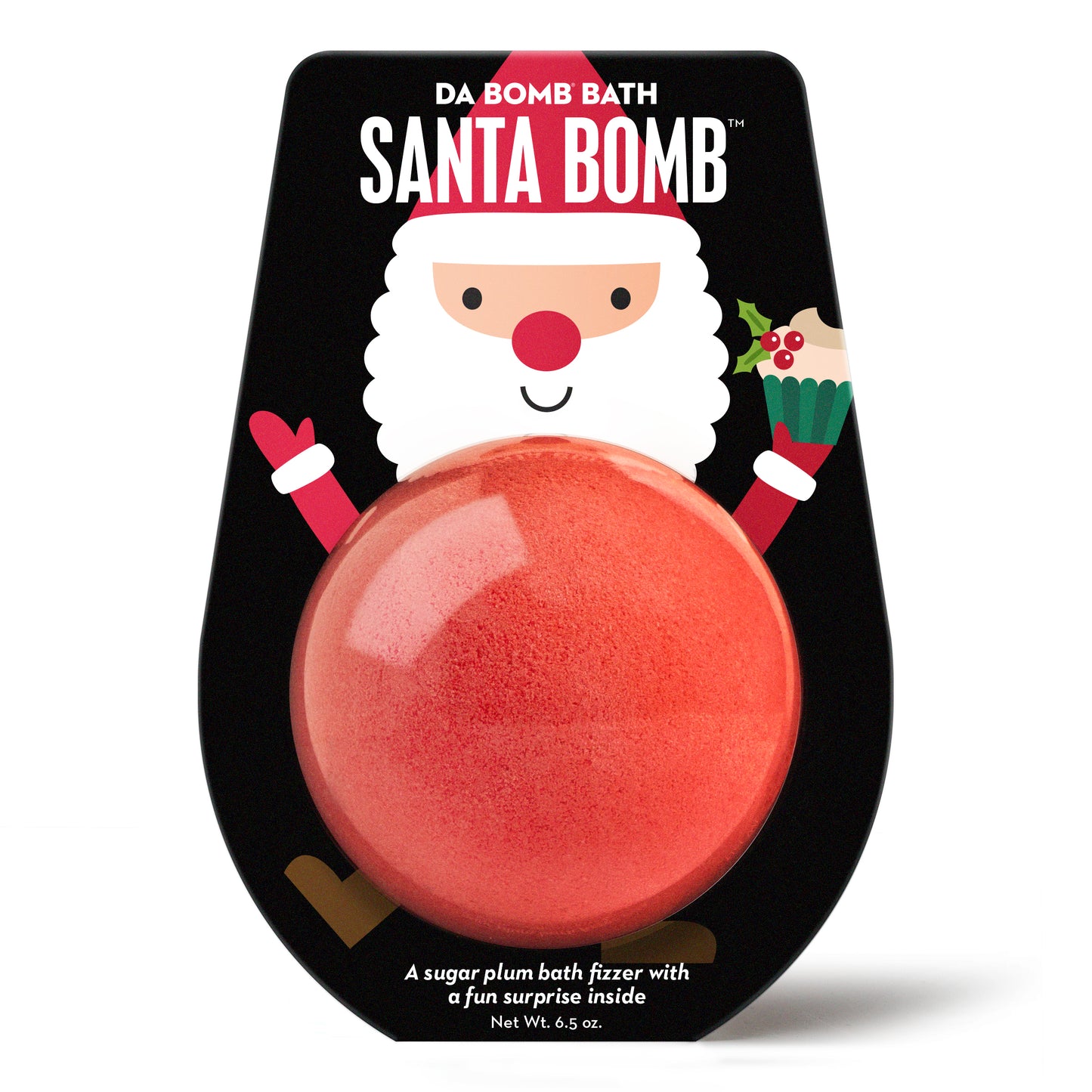a red bath bomb in black packaging with cartoon santa