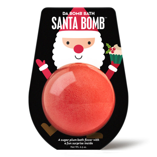 a red bath bomb in black packaging with cartoon santa