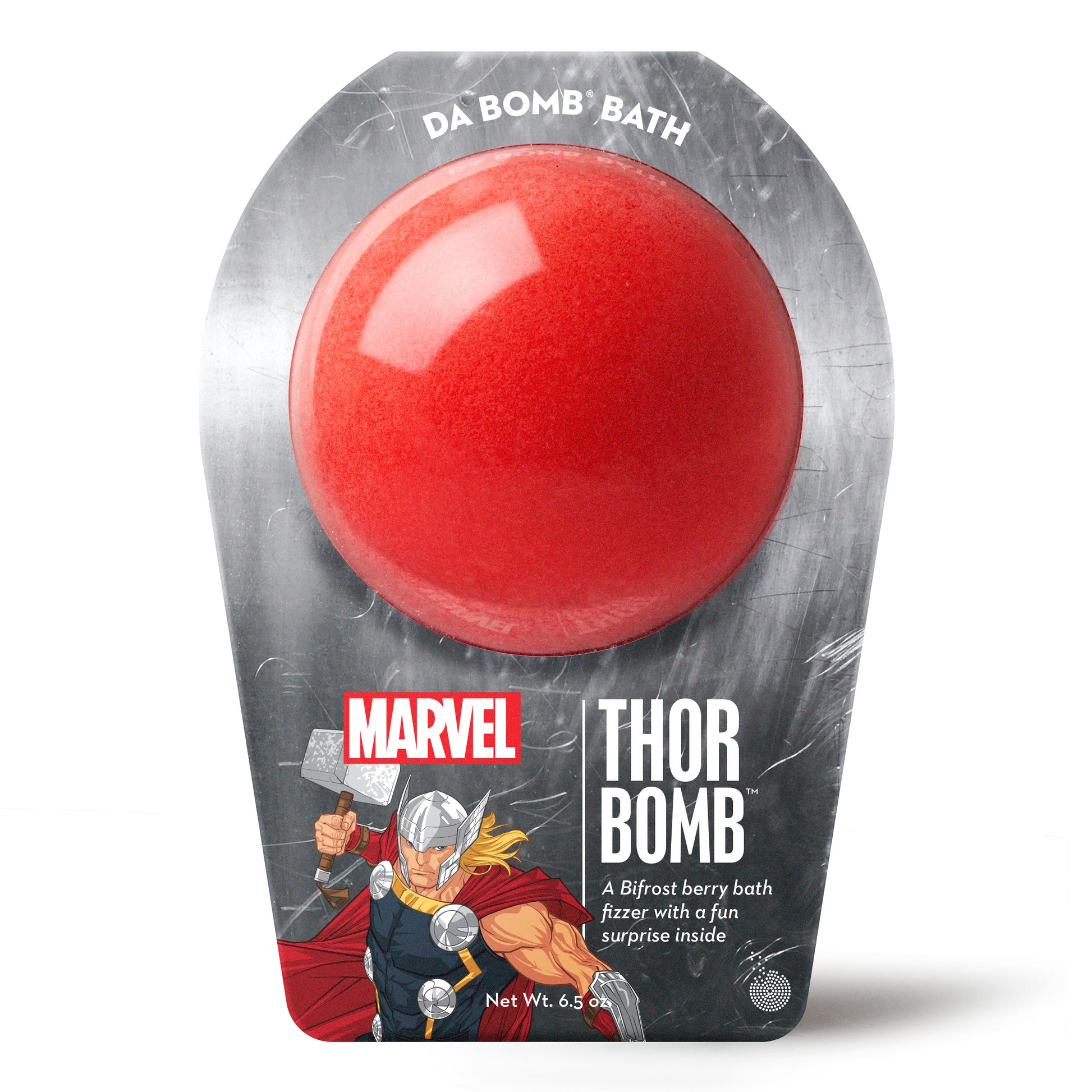 a red bath bomb with silver thor packaging