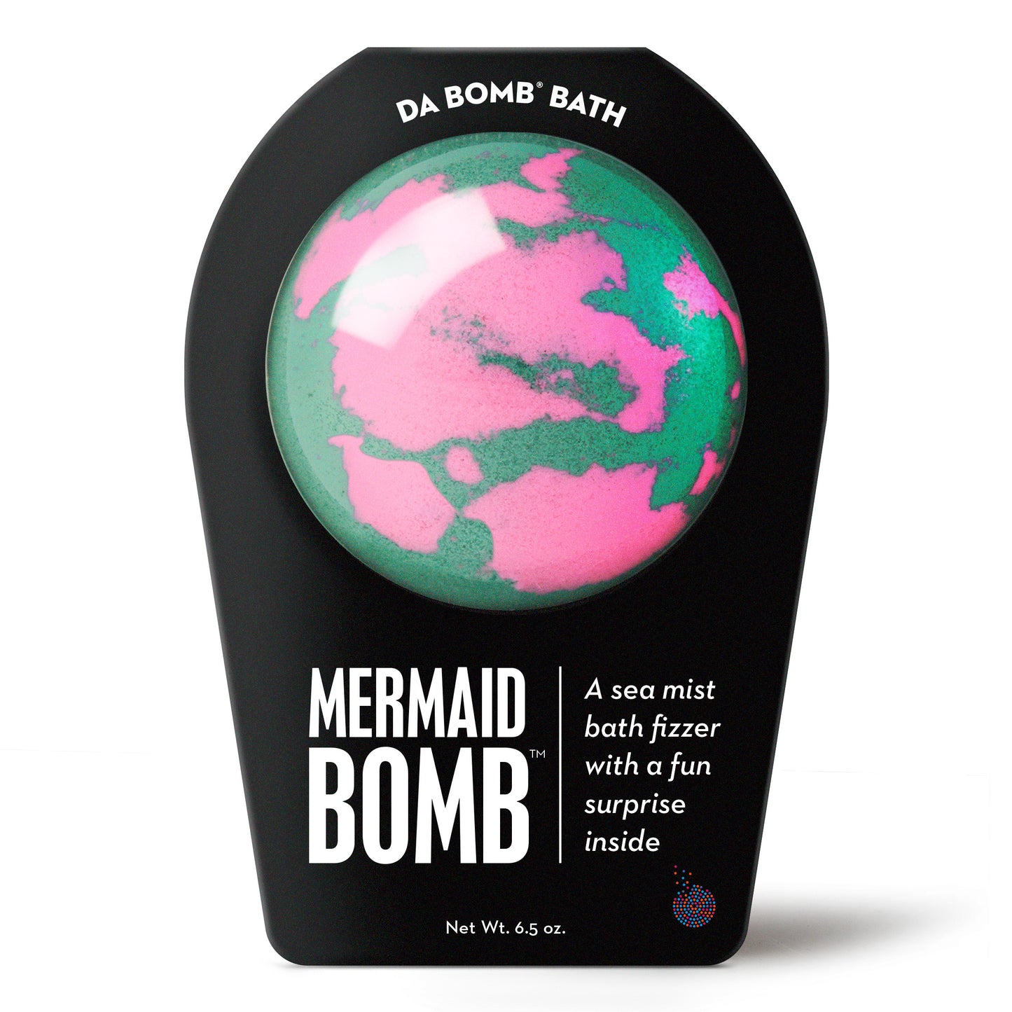 green and pink bath bomb in black packaging 