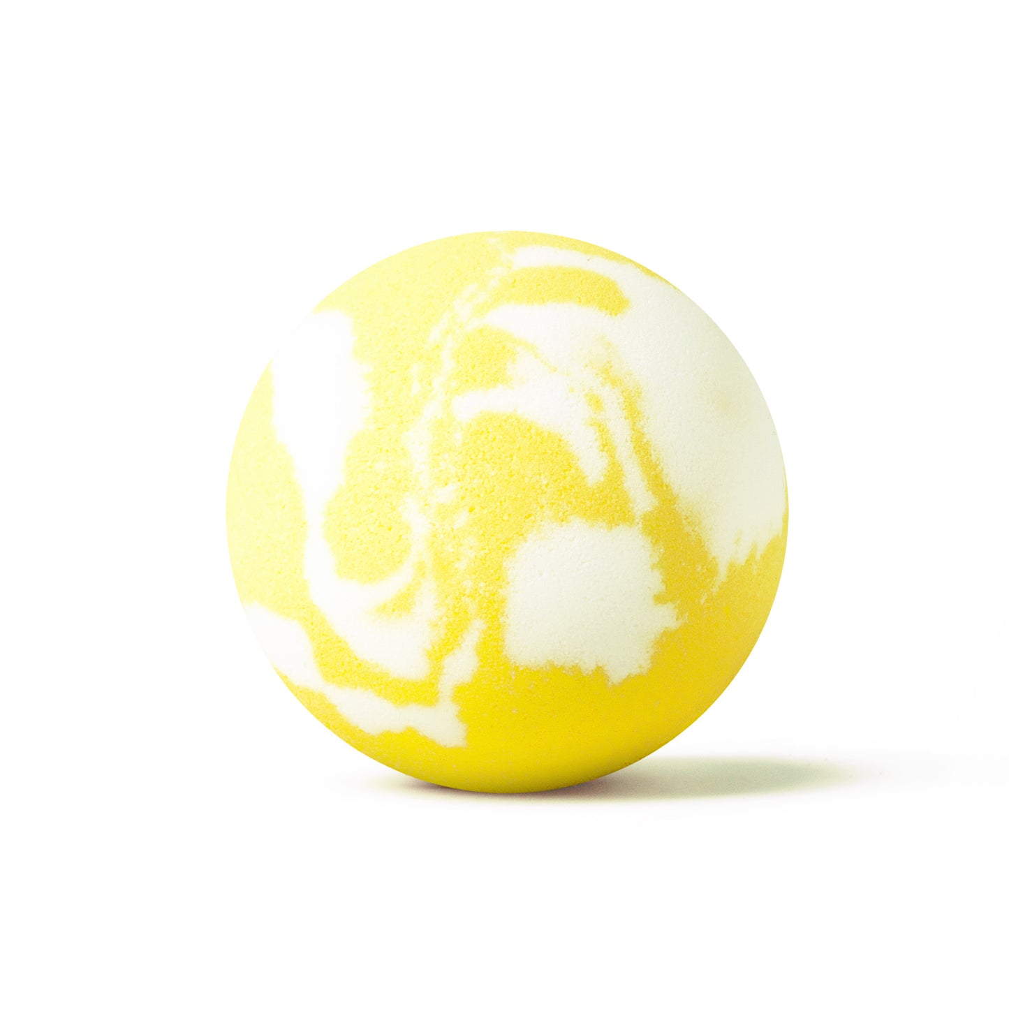 White with yellow swirl bath bomb without packaging on a white background scented as enchanted rose. Disney princess bath bombs with rings inside.