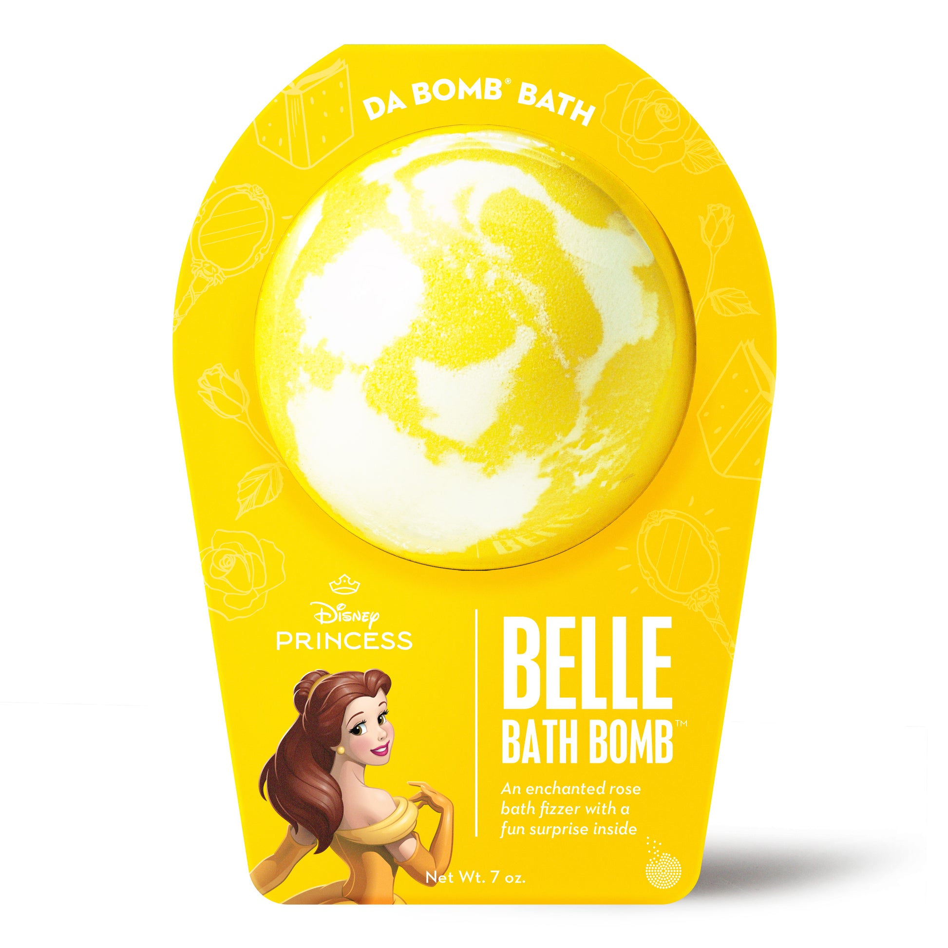 White with yellow swirl bath bomb scented as enchanted rose in yellow Disney Princess Belle packaging.