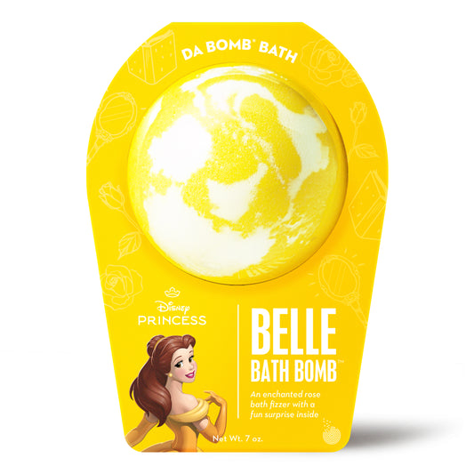 White with yellow swirl bath bomb scented as enchanted rose in yellow Disney Princess Belle packaging.