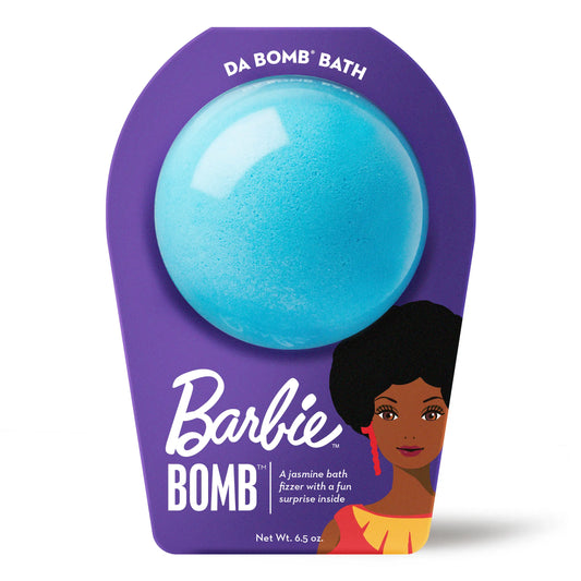 a blue bath bomb in purple barbie packaging