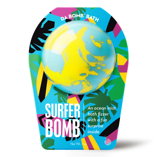 a yellow and blue bath bomb in beach themed packaging