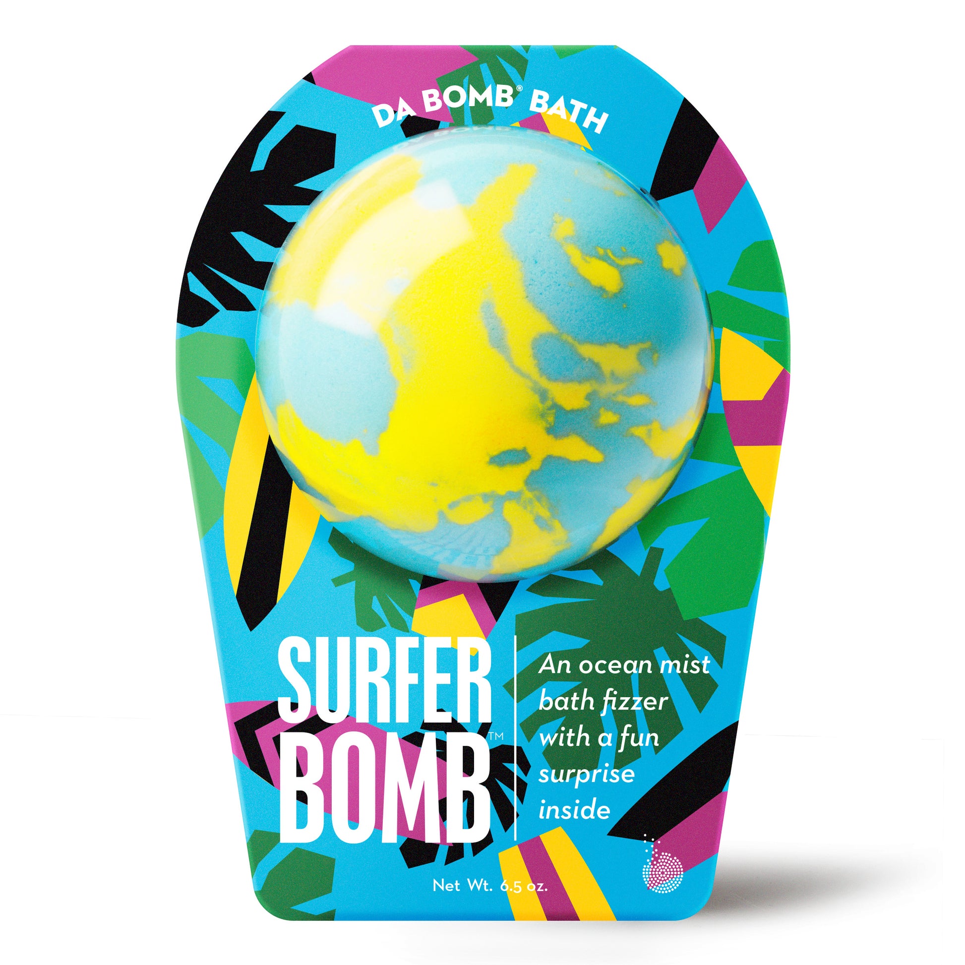 a yellow and blue bath bomb in beach themed packaging