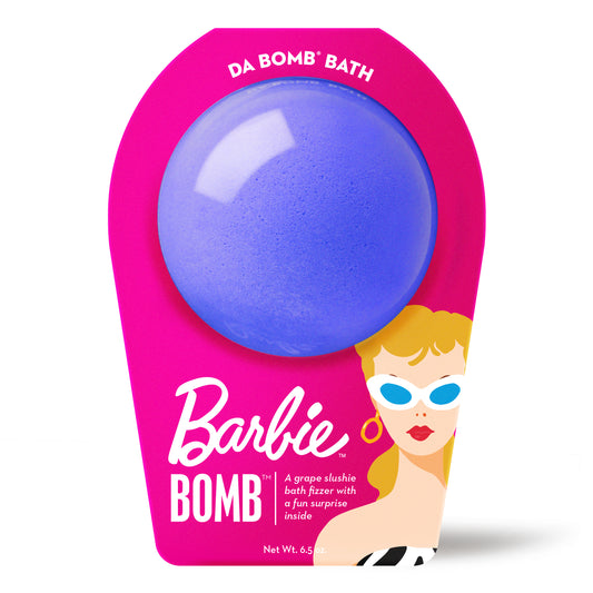 purple bath bomb in pink barbie packagine