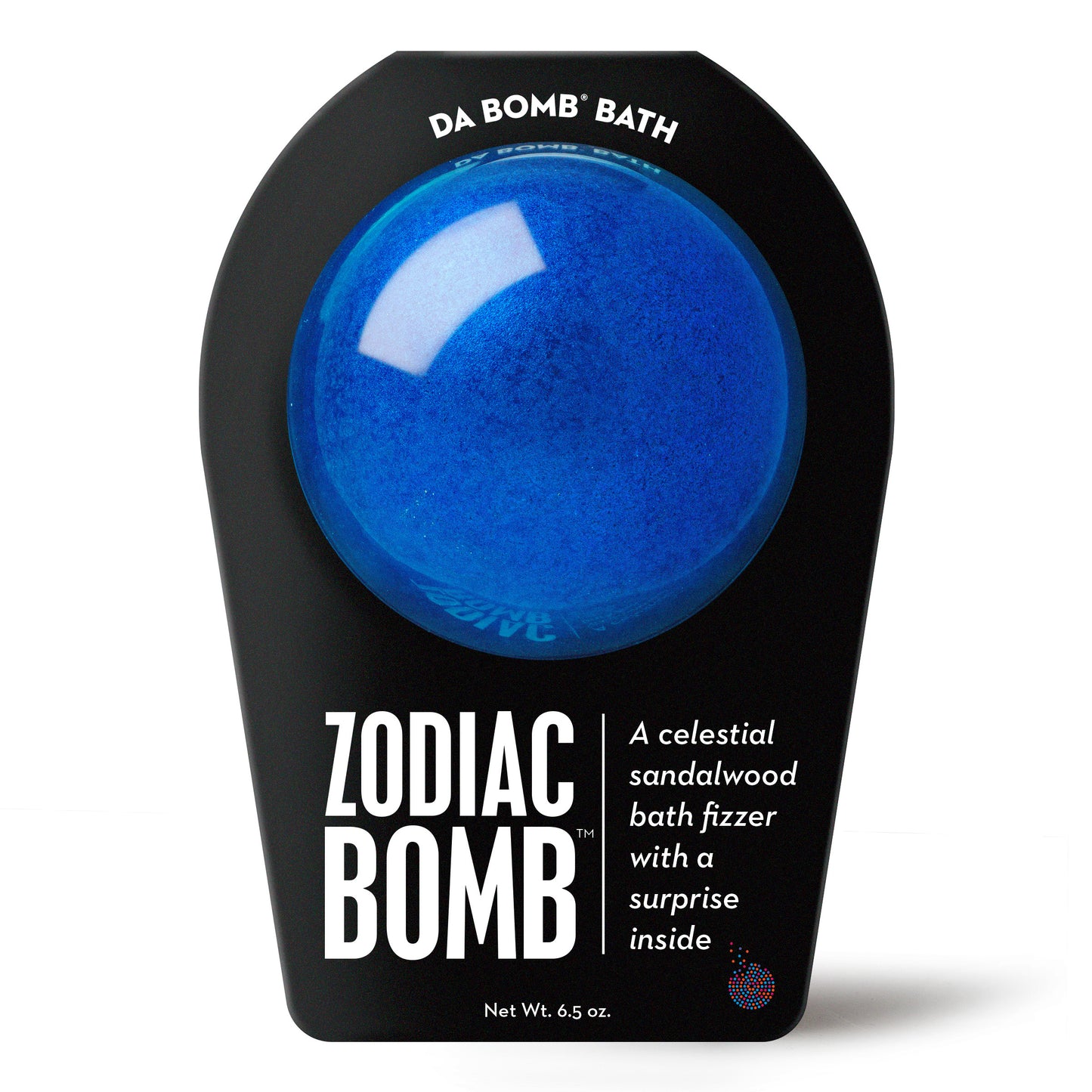 a dark blue bath bomb in black packaging 