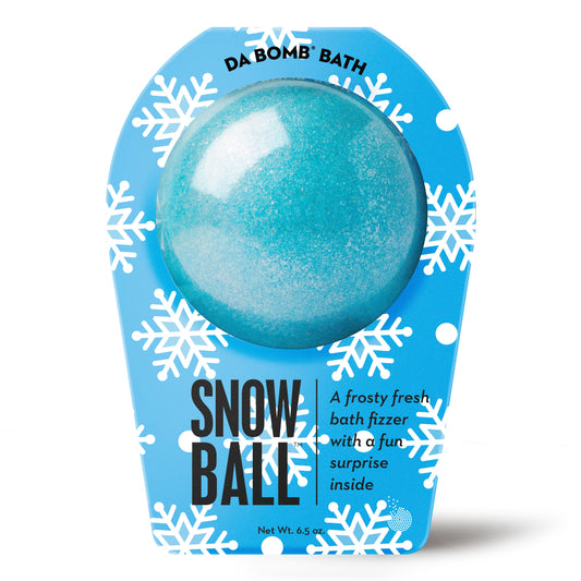 blue glitter bath bomb in blue and white snowflake packaging