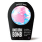 a blue, pink and white bath bomb in black packaging facing forward