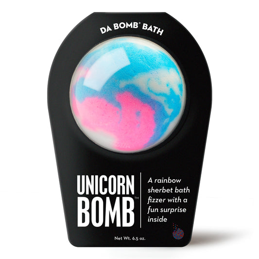 a blue, pink and white bath bomb in black packaging facing forward