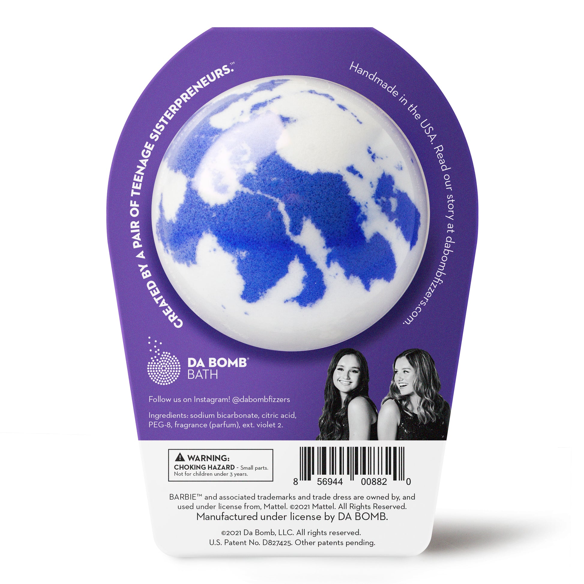 back of a purple and white bath bomb in purple barbie packaging