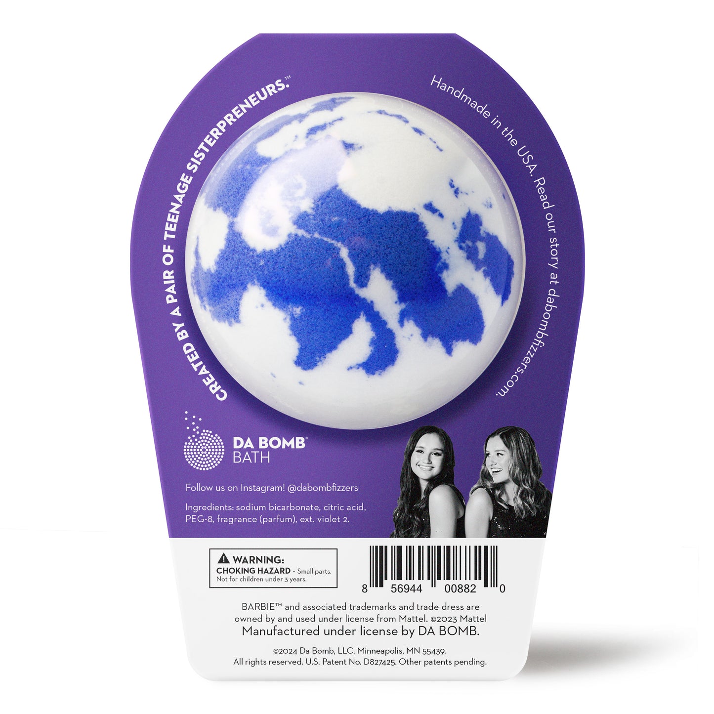 a purple and white bath bomb in purple barbie packaging