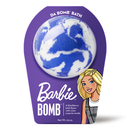 a purple and white bath bomb in purple barbie packaging