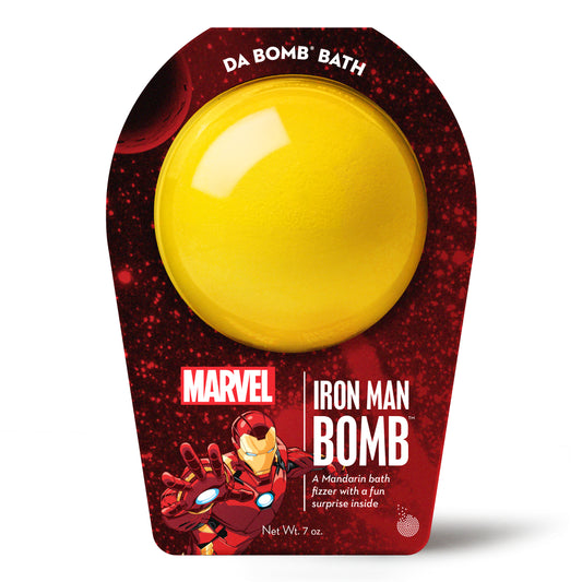 a yellow bath bomb with red iron man packaging