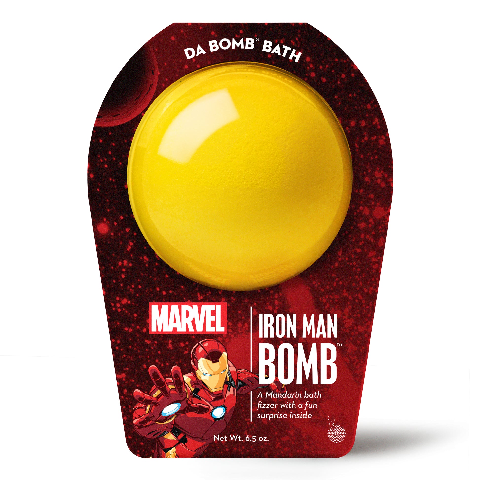 yellow bath bomb in red iron man packaging