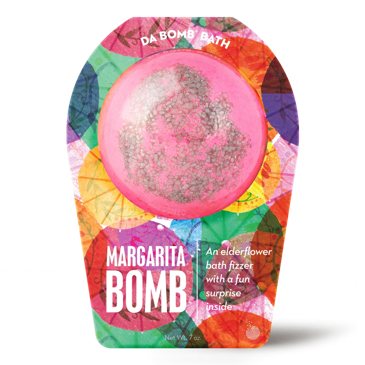 a pink bath bomb with silver sprinkles in bright packaging