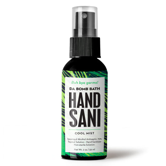 spray bottle of hand sanitizer with green, black and white label