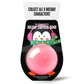 front of pink bath bomb in holiday-themed cartoon penguin packaging