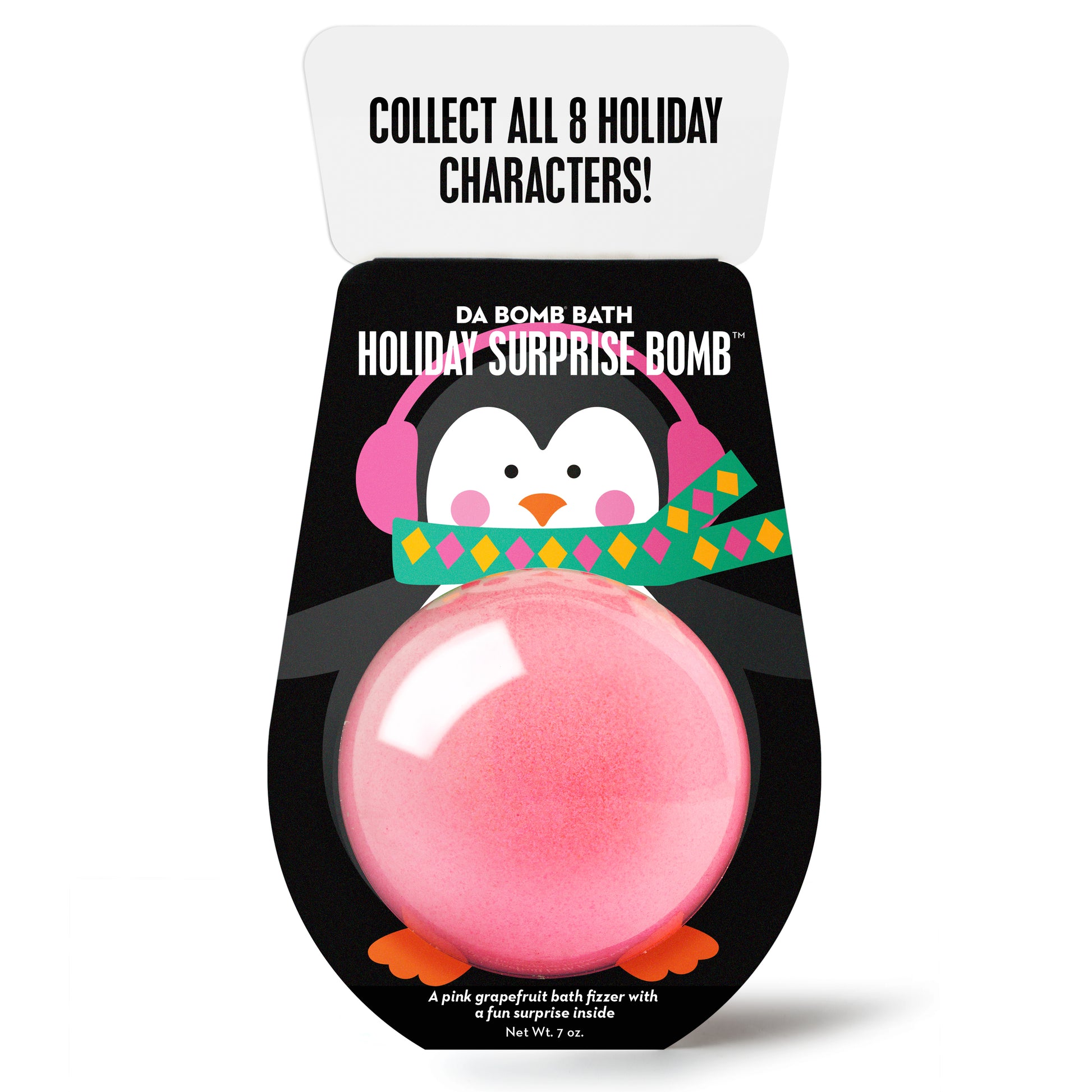 front of pink bath bomb in holiday-themed cartoon penguin packaging