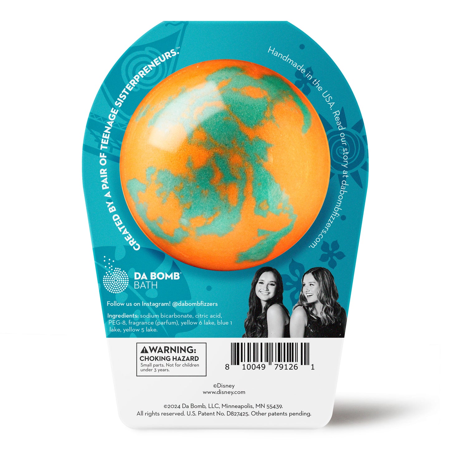 back of orange and teal bath bomb in blue Moana packaging