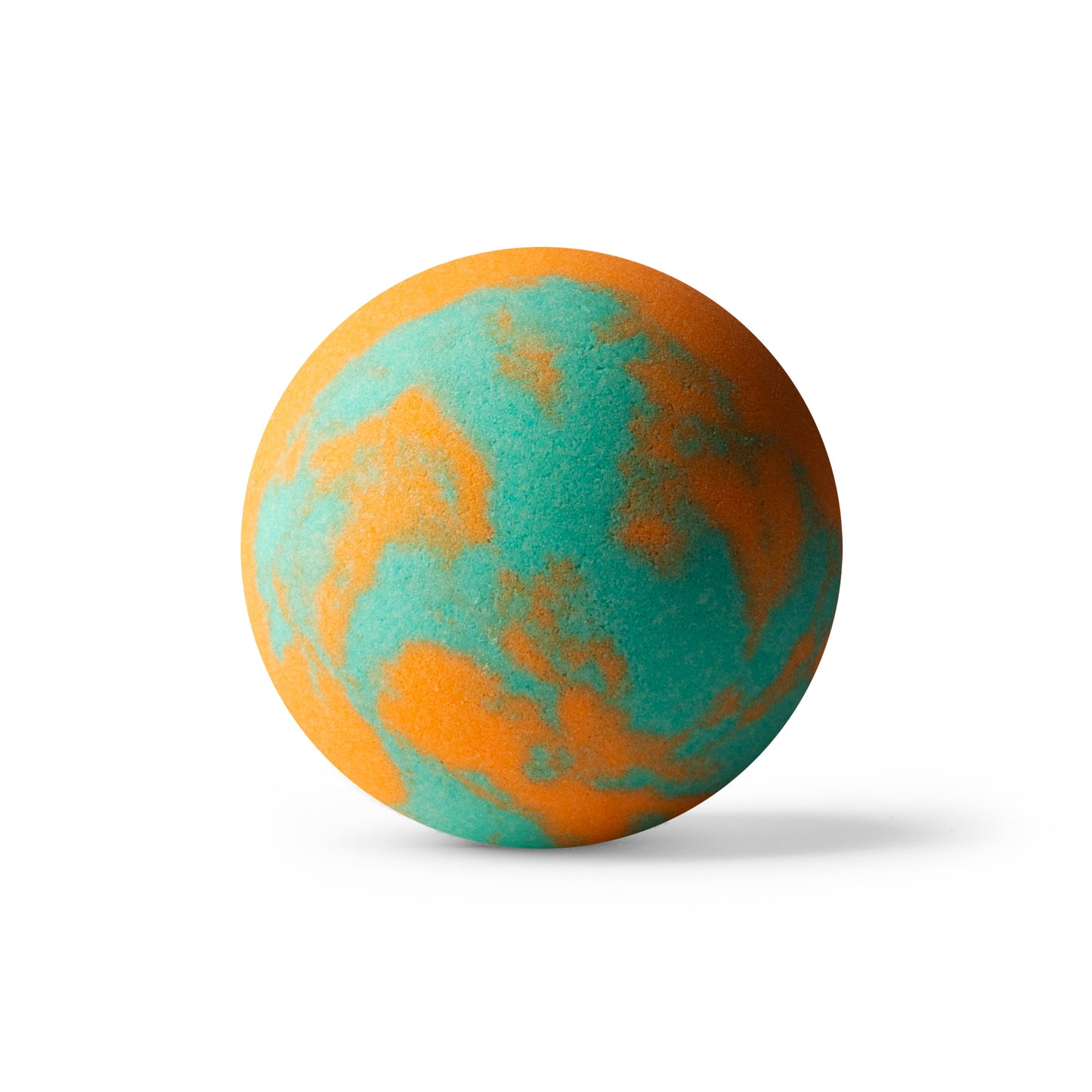 orange and teal bath bomb on white background with shadow