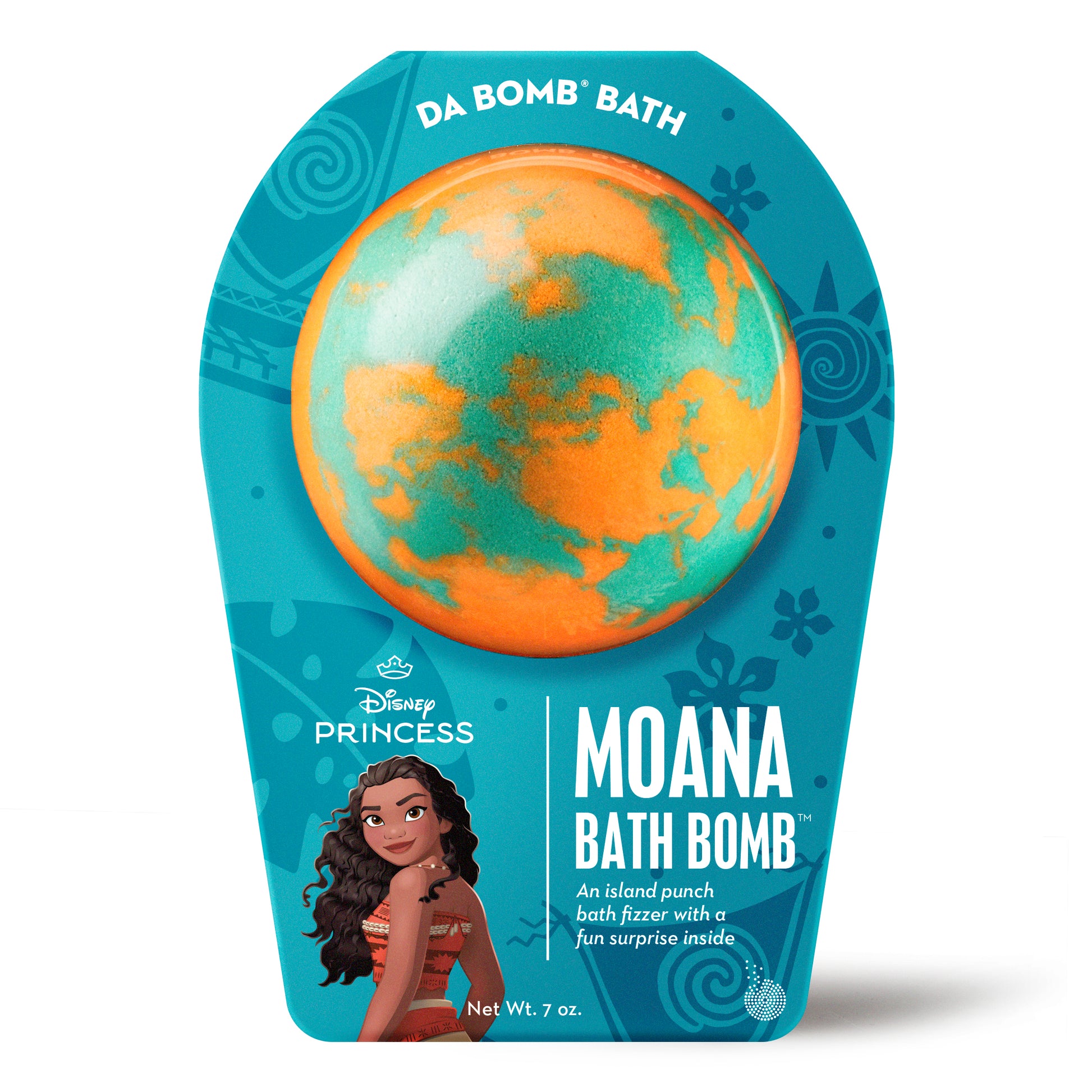 orange and teal bath bomb in blue Moana packaging