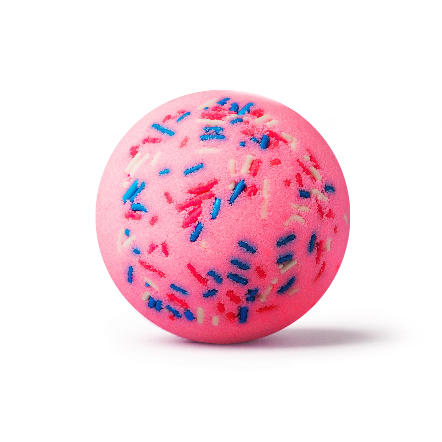 a pink bath bomb with blue, red & white sprinkles