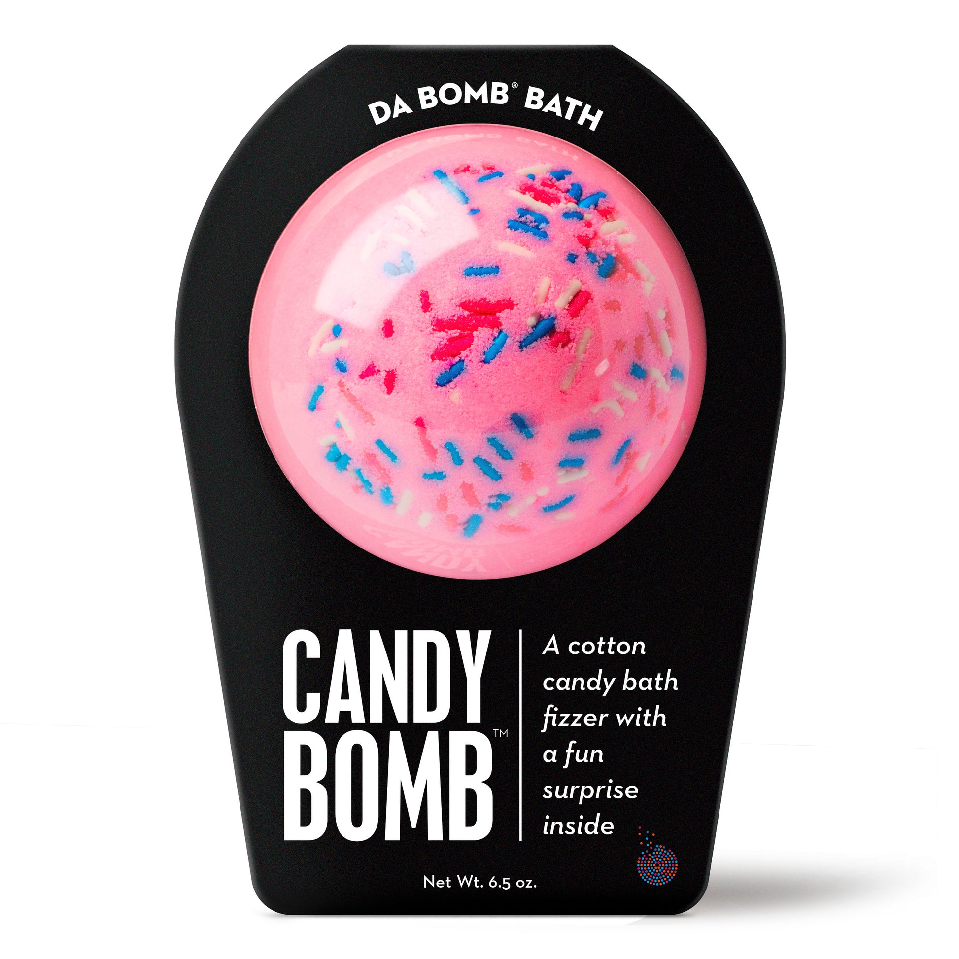 a pink bath bomb with blue, red & white sprinkles in black packaging