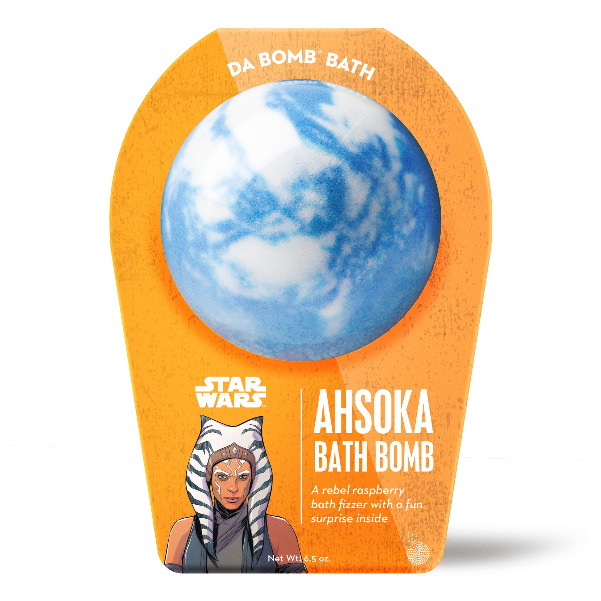 blue and white Ahsoka bath bomb by da bomb bath fizzers