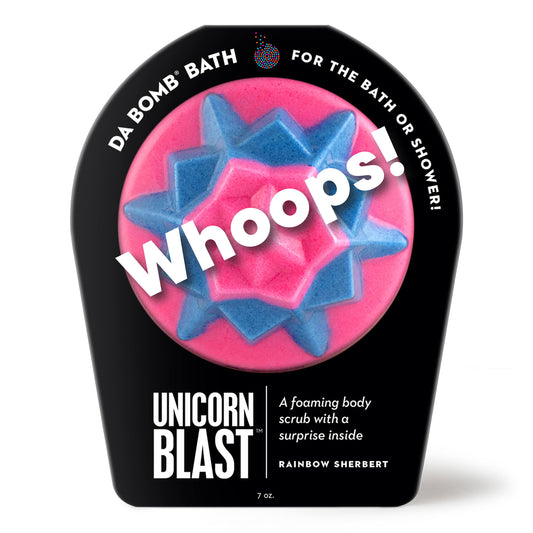 pink and blue unicorn blast in black packaging with "whoops" logo diagonally across center