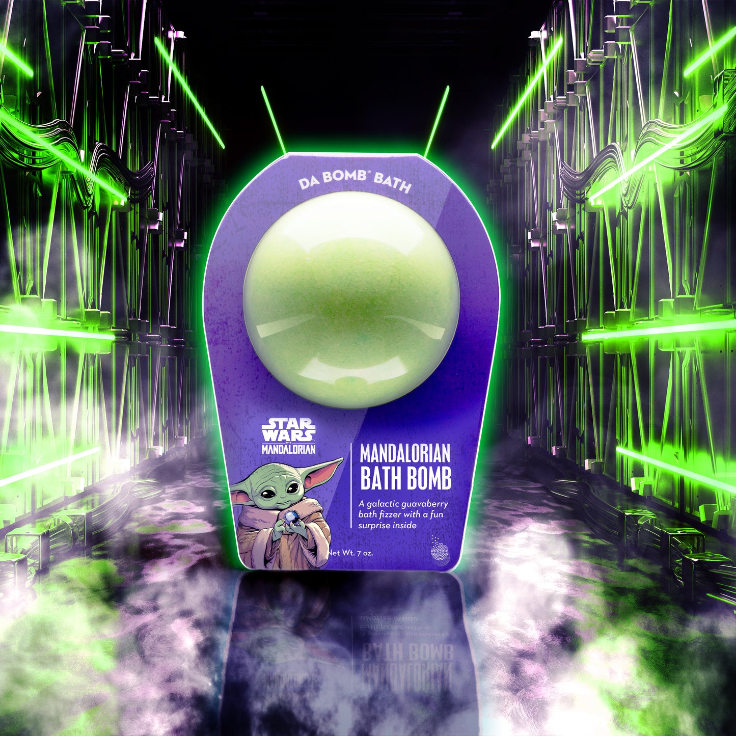 a green bath bomb in purple packaging in space ship location