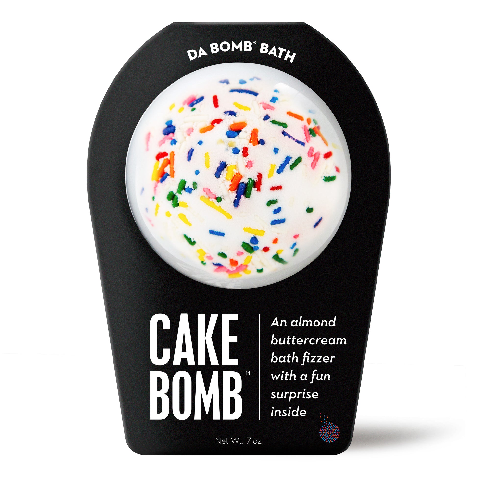 white da bomb bath bomb with multicolored sprinkles in black packaging 