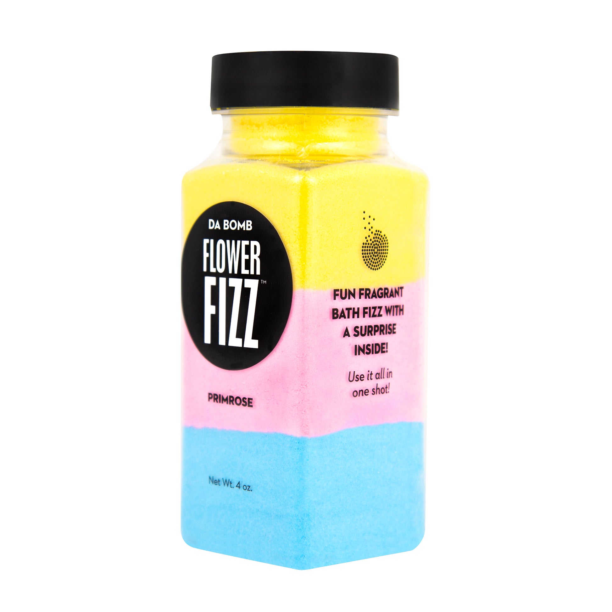 Small, clear plastic jar containing color block blue, pink and yellow bath fizz that smells like primrose. Jar contains a fun surprise.