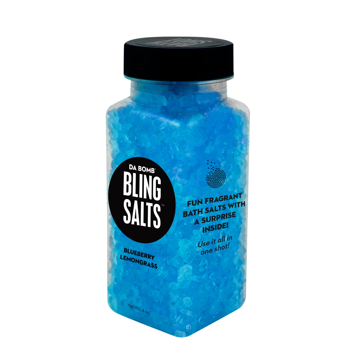 Small, clear plastic jar filled with blue bath salt that smells like Blueberry lemongrass. Each shot contains a fun surprise.