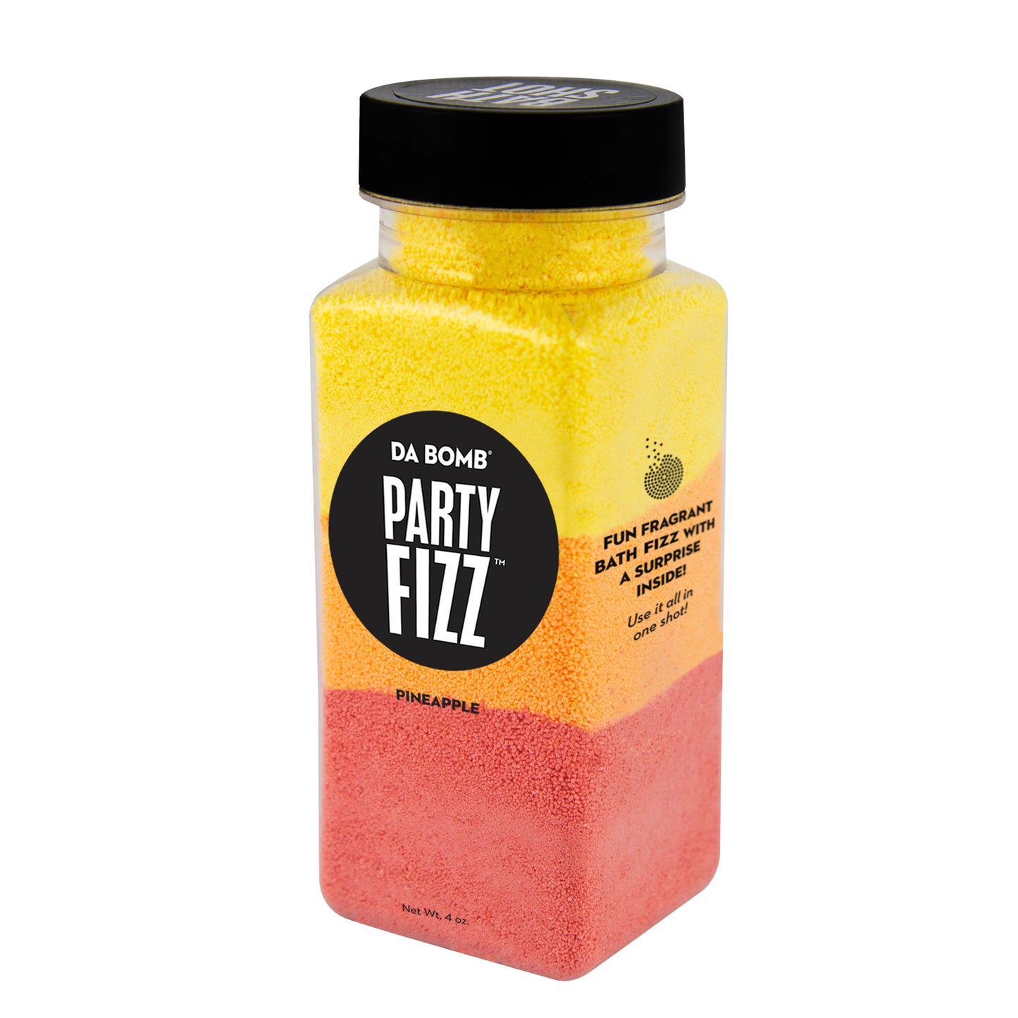 Small, clear plastic jar containing color block red, orange and yellow bath fizz that smells like pineapple. Contains a fun surprise.