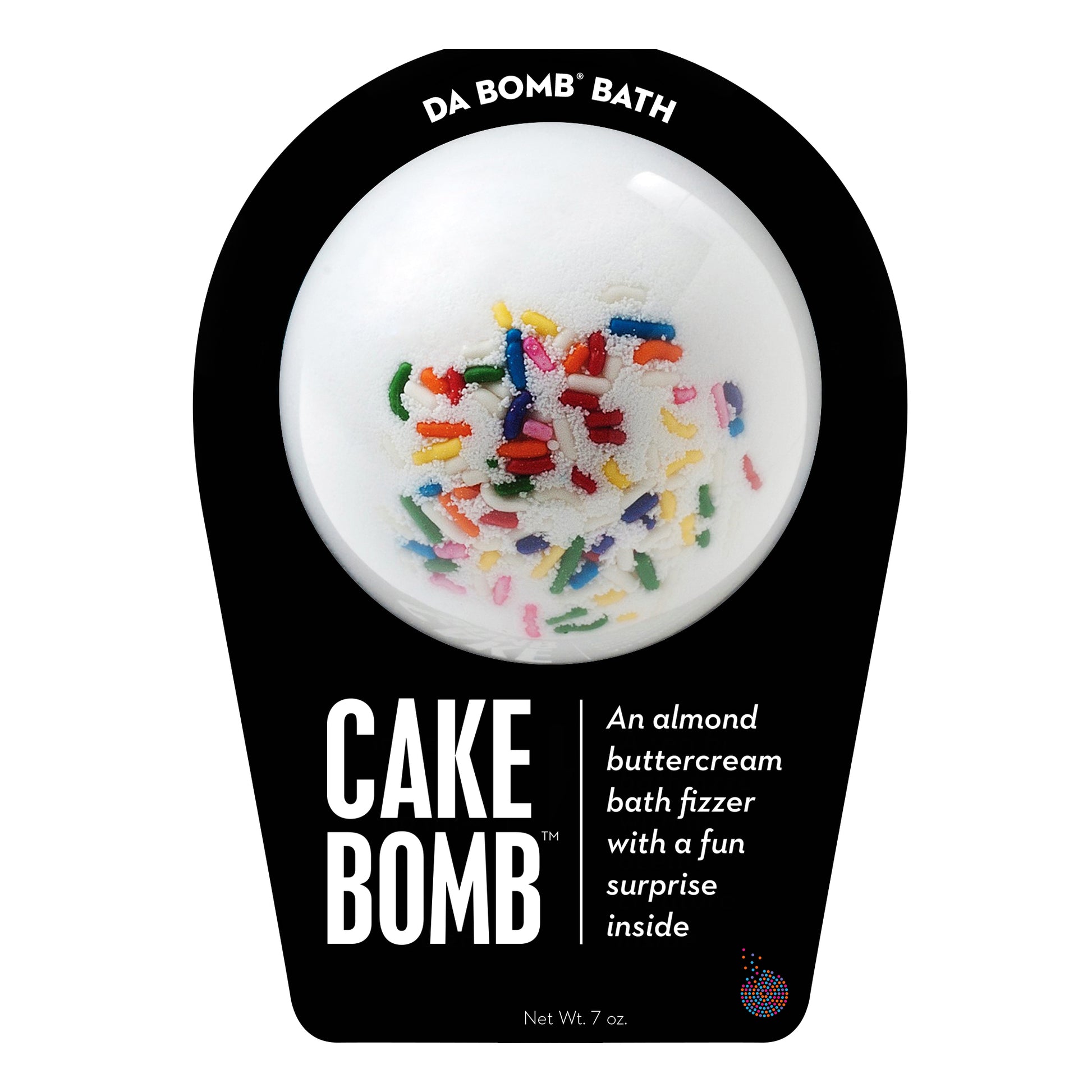 White with multi-colored sprinkles Cake Bomb with a surprise inside, scented as almond buttercream.
