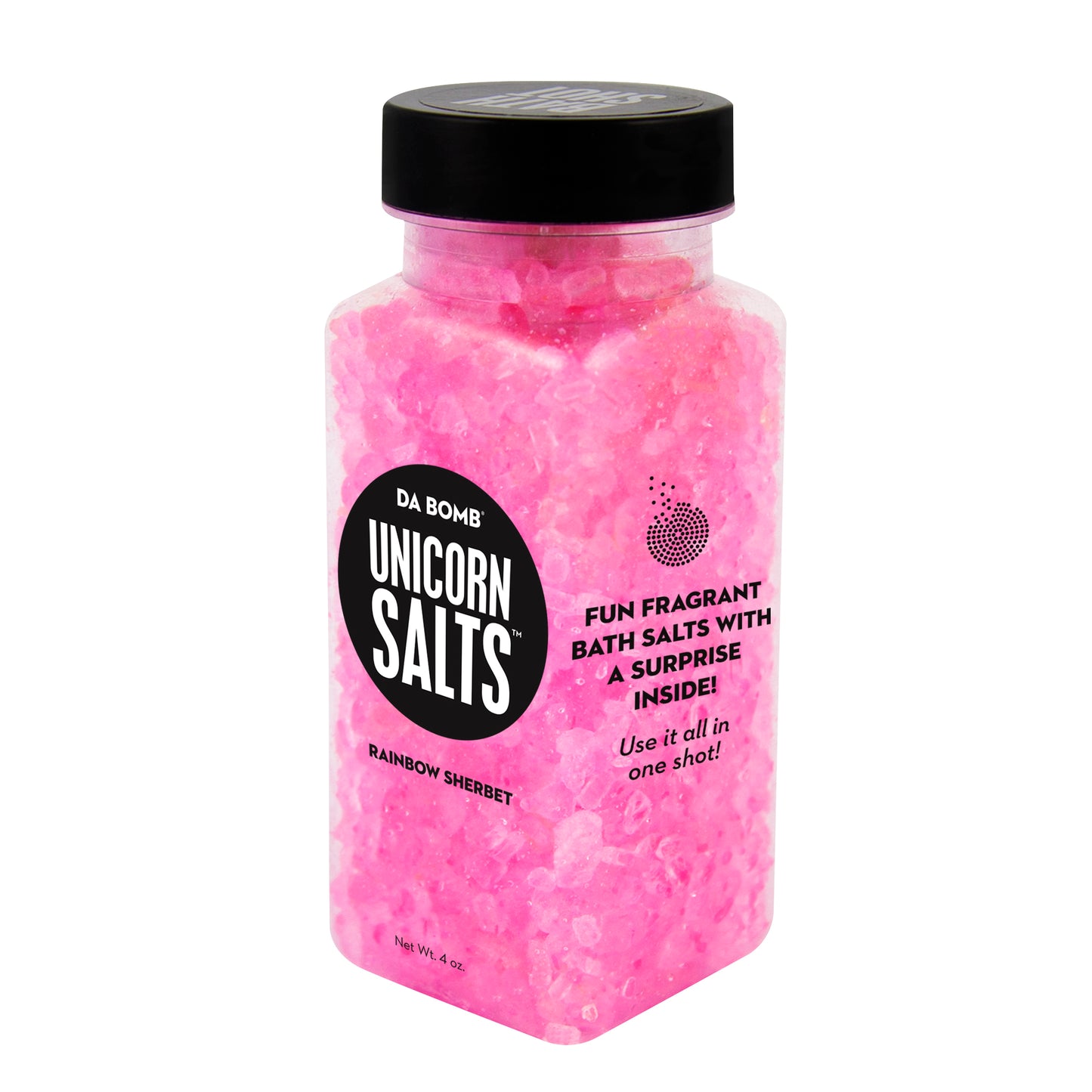 Small, clear plastic jar filled with pink bath salt that smells like rainbow sherbet. Each shot contains a fun surprise.