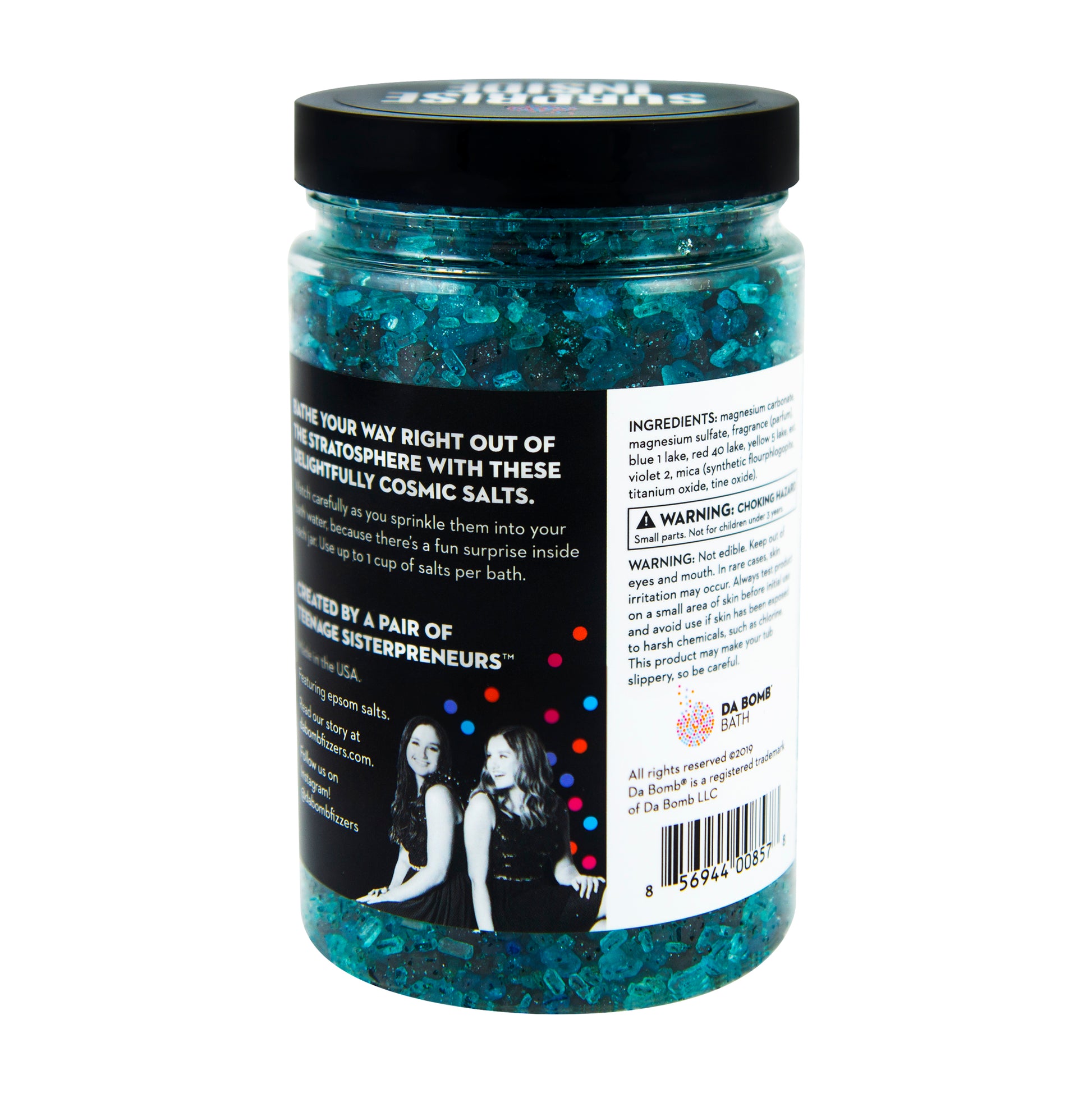 Back of clear plastic jar filled with black, blue and purple bath salt that smells like black amber. Each jar contains a fun surprise.