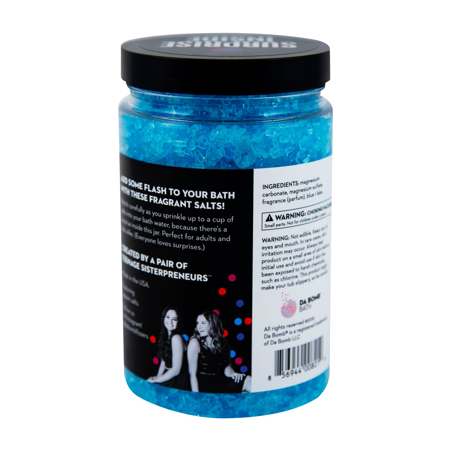 Back of clear plastic jar filled with blue bath salt that smells like blueberry lemongrass. Contains a fun surprise inside.