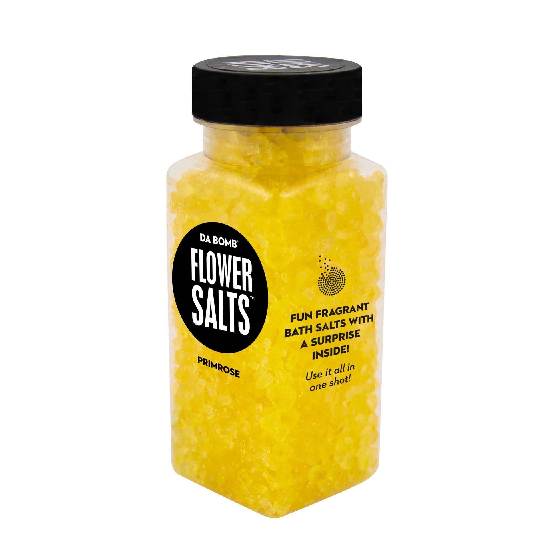 Small, clear plastic jar filled with orange and yellow bath salt that smells like primrose. Each shot contains a fun surprise.