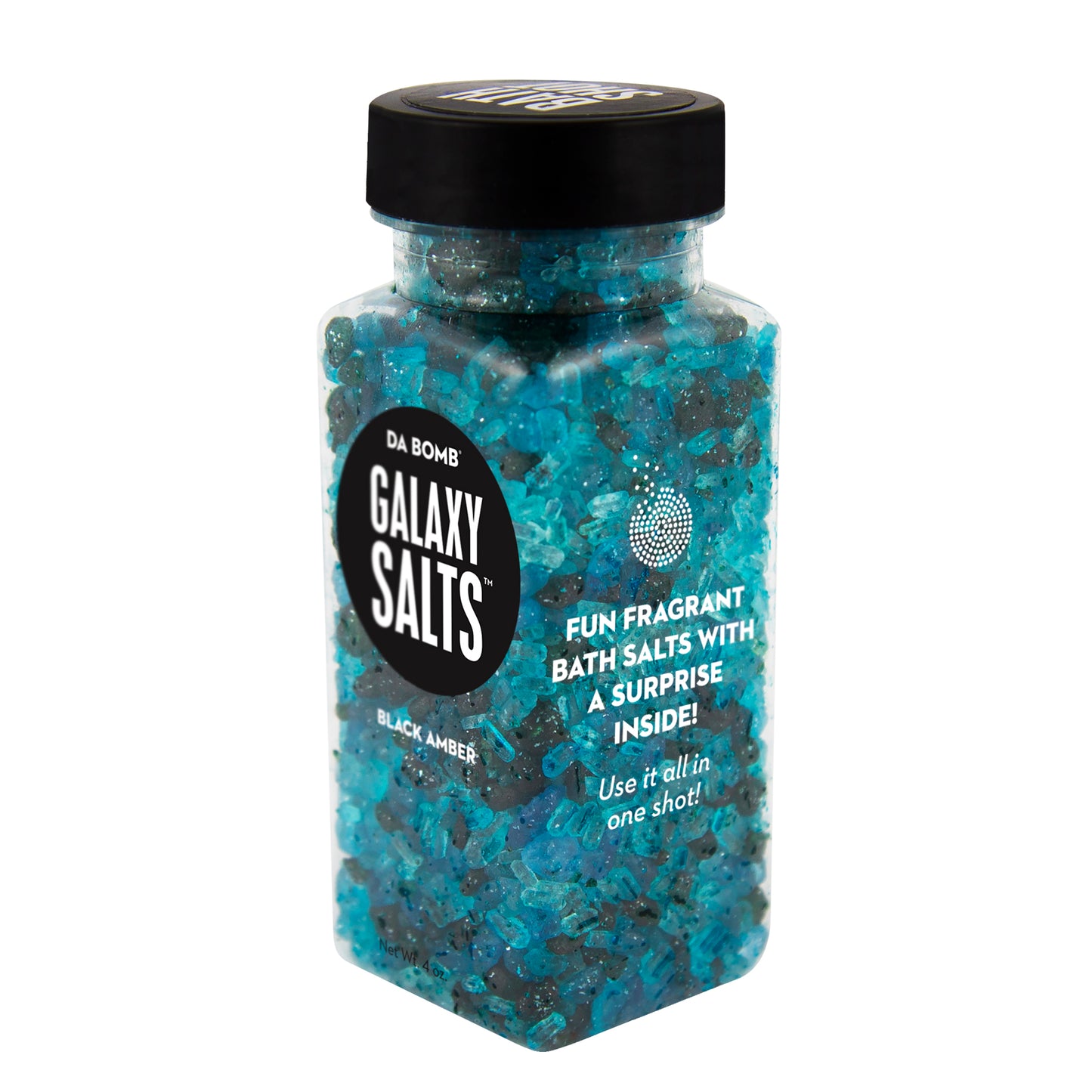 Small, clear plastic jar filled with black, blue and purple bath salt that smells like black amber. Each shot contains a fun surprise.