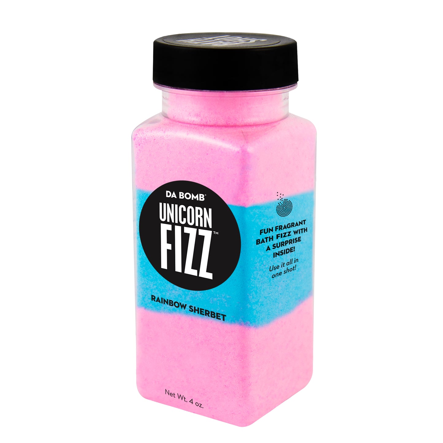 Small, clear plastic jar containing color block pink, bright blue and pink bath fizz that smells like rainbow sherbet. Contains a fun surprise.
