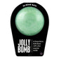 Green bath bomb with mica that is scented as pomegranate with a fun surprise inside. Bath bomb is in black packaging.