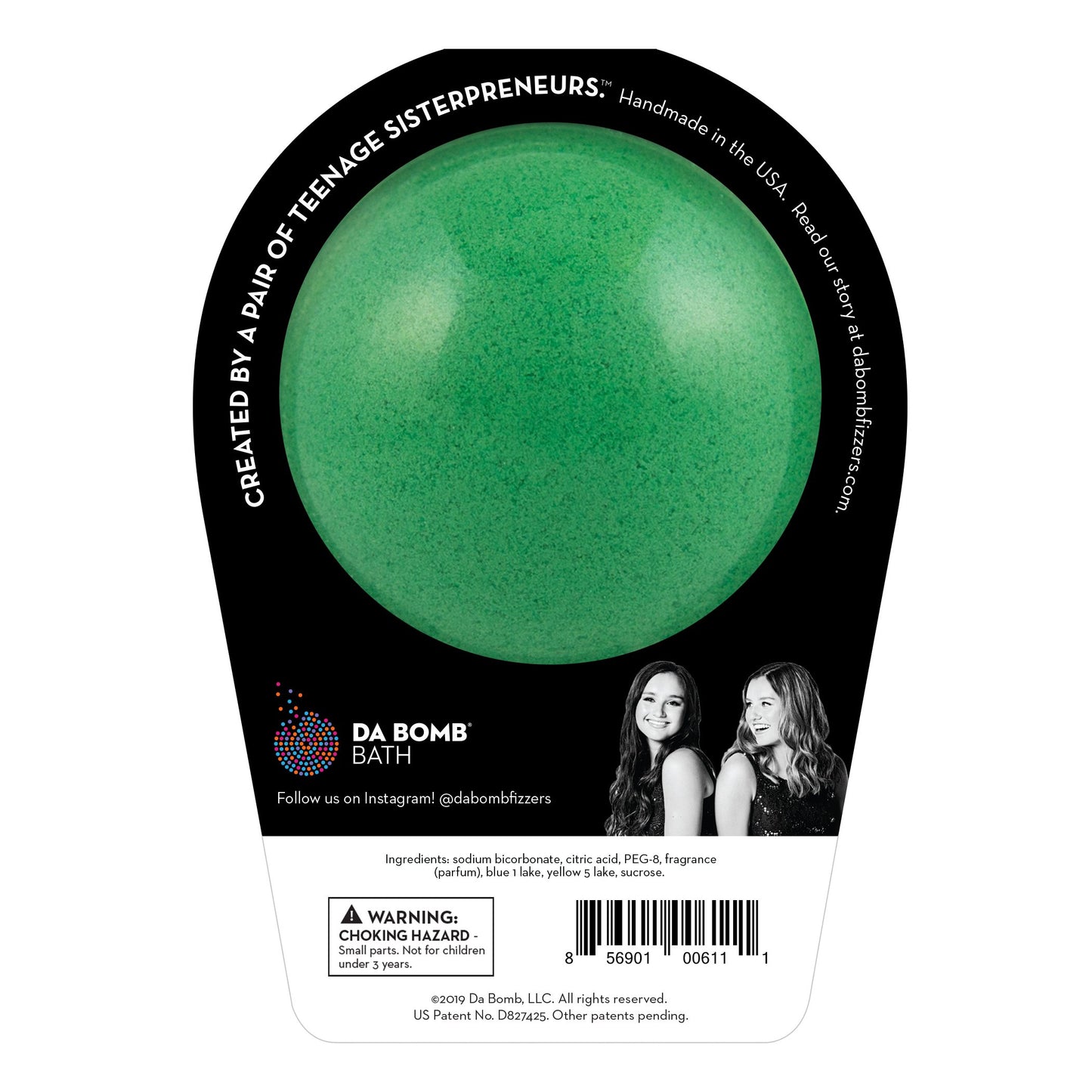 Back of the Jingle bath bomb in black packaging. Bath bomb is green on the back.